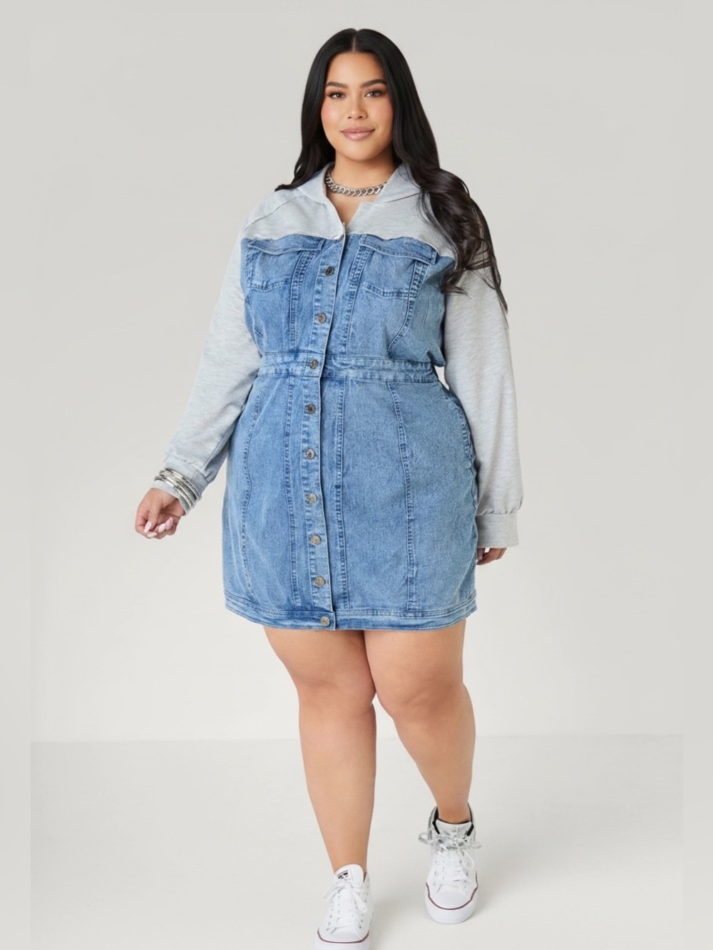Ashley Stewart Denim Hoodie Dress in Light Blue and Heather Gray